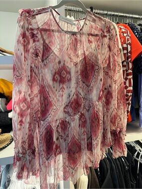 Zimmermann Pink and White Ikat-Print Sheer Ruffle Blouse
